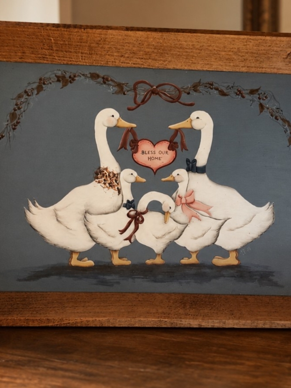 Vintage Country Goose Handpainted Wooden Serving Tray Signed '89 Bless Our Home